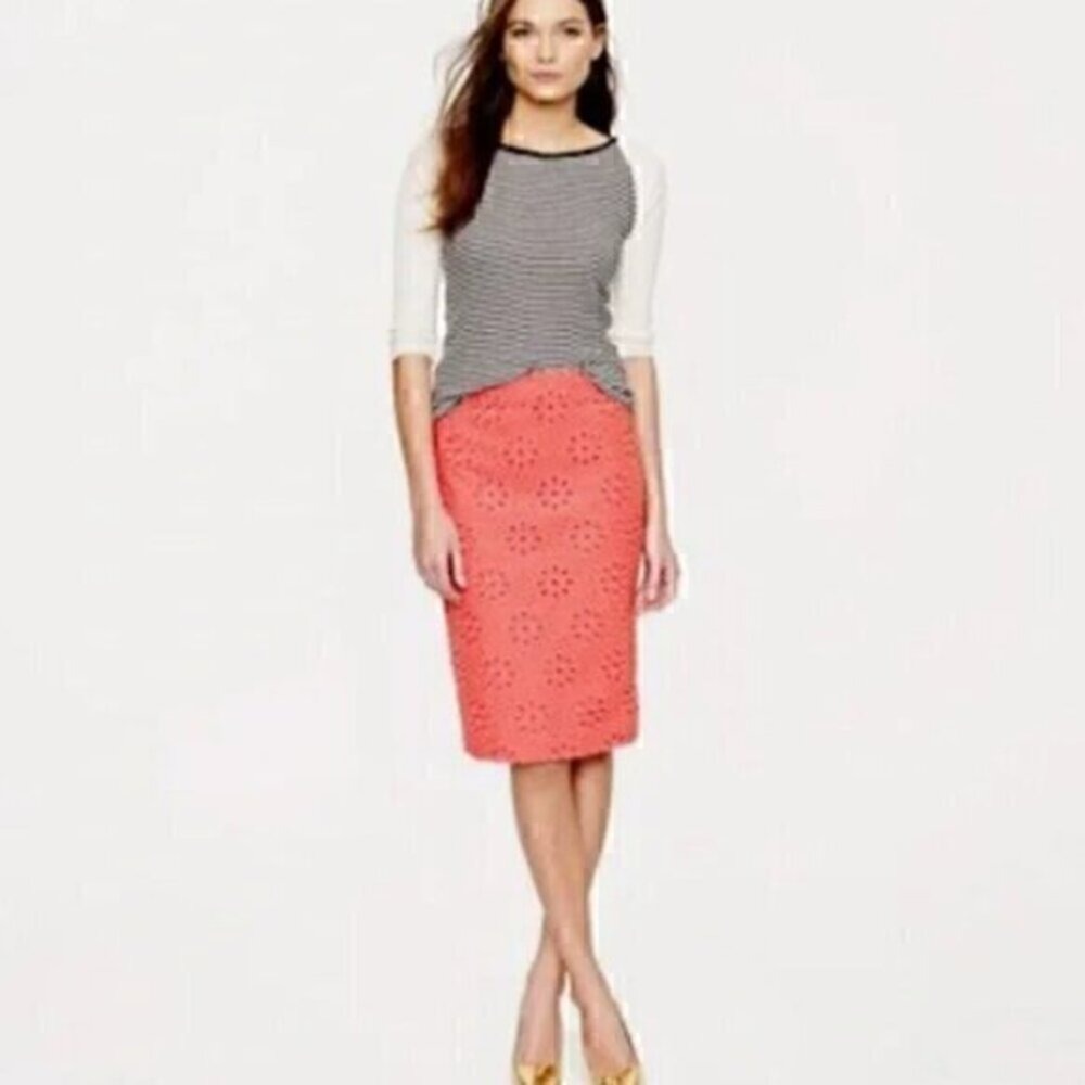 J. Crew Eyelet Overlay Pencil Skirt Womens 2 Coral Orange Cotton Coquette Spring